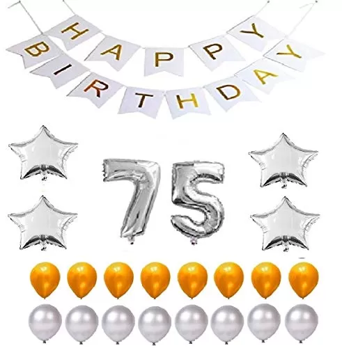 Products Happy Brthday 75th Year Party Balloons Decorations Set(No 75 Silver Foil Balloon+50 Gold & Silver Latex Balloon+1 White Happy Brthday Banner+ 4 Silver Star Foil Balloons)