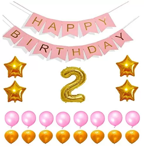 Products Happy Brthday 2nd Year Party Balloons Decorations Set(No 2 Gold Foil Balloon+50 Gold & Pink Latex Balloon+1 Pink Happy Brthday Banner+ 4 Gold Star Foil Balloons)