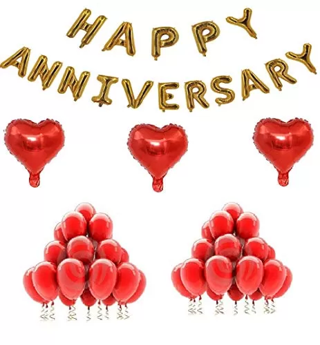 Products Happy Anniversary Golden Foil Balloon Set with 30 HD Metallic Red Balloons & 3 hert 18'' Foil Kit Letter Balloon (Multicolor Pack of 49)