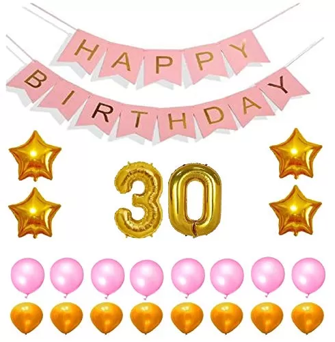 Products Happy Brthday 30th Year Party Balloons Decorations Set(No 30 Gold Foil Balloon+50 Gold & Pink Latex Balloon+1 Pink Happy Brthday Banner+ 4 Gold Star Foil Balloons)