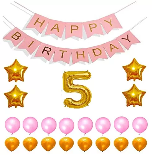 Products Happy Brthday 5th Year Party Balloons Decorations Set(No 5 Gold Foil Balloon+50 Gold & Pink Latex Balloon+1 Pink Happy Brthday Banner+ 4 Gold Star Foil Balloons)