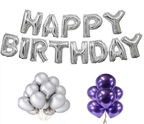 Products Happy Brthday Letter Foil Balloon Set of 13 Letters (Silver) + HD Metallic Finish Balloons (Silver Purple) Pack of 50