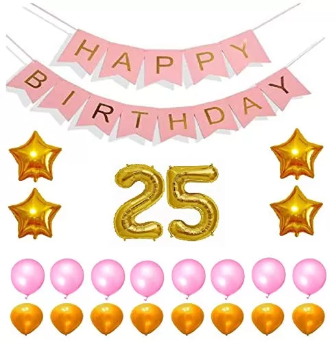 Products Happy Brthday 25th Year Party Balloons Decorations Set(No 25 Gold Foil Balloon+50 Gold & Pink Latex Balloon+1 Pink Happy Brthday Banner+ 4 Gold Star Foil Balloons)