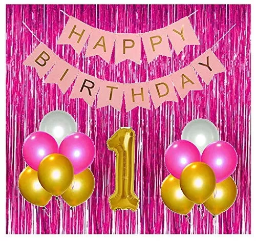 Products Girls 1St Brthday Decoration 29Pcs Combo (2 Pink Foil Curtain + No. 1 Foil Balloon+25 Pcs Balloon+1 Brthday Pink Banner)