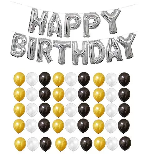 Products Happy Brthday Letter Foil Balloon Set of 13 Letters (Silver) + HD Metallic Finish Balloons (Golden Black White) Pack of 50