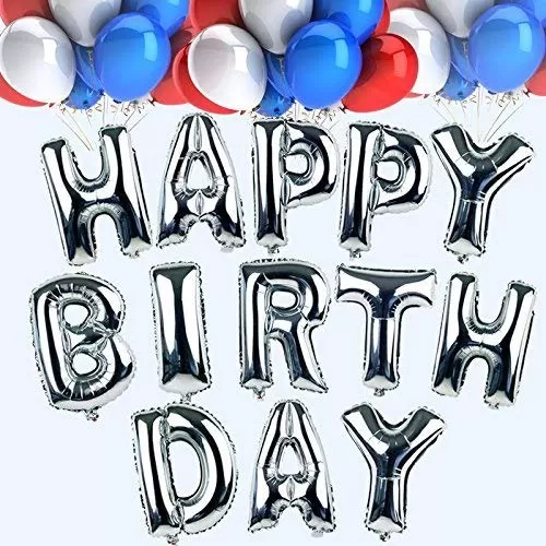 Products Happy Brthday Letter Foil Balloon Set of 13 Letters (Silver) + HD Metallic Finish Balloons (White) Pack of 50