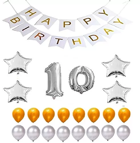 Products Happy Brthday 10th Year Party Balloons Decorations Set(No 10 Silver Foil Balloon+50 Gold & Silver Latex Balloon+1 White Happy Brthday Banner+ 4 Silver Star Foil Balloons)