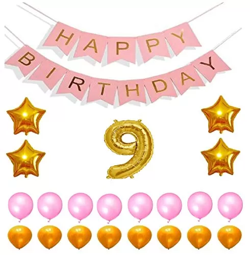 Products Happy Brthday 9th Year Party Balloons Decorations Set(No 9 Gold Foil Balloon+50 Gold & Pink Latex Balloon+1 Pink Happy Brthday Banner+ 4 Gold Star Foil Balloons)