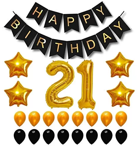 Products Happy Brthday 21th Year Party Balloons Decorations Set(21 Gold Number Foil Balloon+50 Gold & Black Latex Balloon+1 Black Happy Brthday Banner+ 4 Gold Star Foil Balloons)
