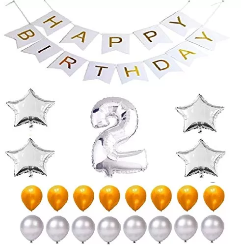 Products Happy Brthday 2nd Year Party Balloons Decorations Set(No 2 Silver Foil Balloon+50 Gold & Silver Latex Balloon+1 White Happy Brthday Banner+ 4 Silver Star Foil Balloons)