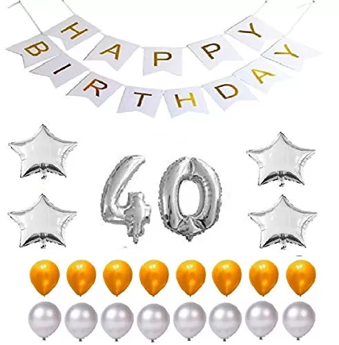 Products Happy Brthday 40th Year Party Balloons Decorations Set(No 40 Silver Foil Balloon+50 Gold & Silver Latex Balloon+1 White Happy Brthday Banner+ 4 Silver Star Foil Balloons)