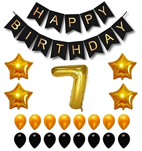 Products Happy Brthday 7th Year Party Balloons Decorations Set(7 Gold Number Foil Balloon+50 Gold & Black Latex Balloon+1 Black Happy Brthday Banner+ 4 Gold Star Foil Balloons)