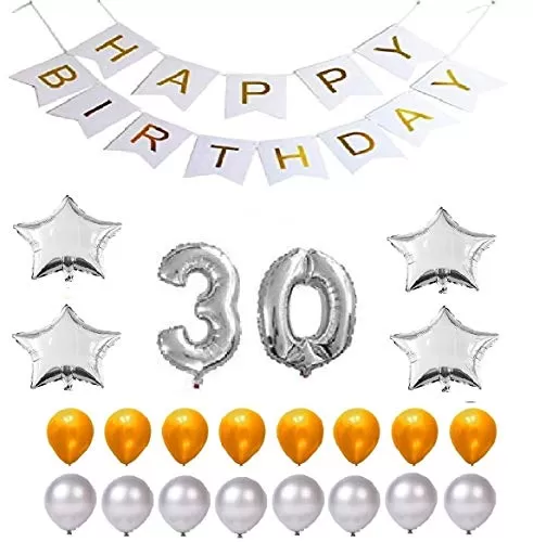 Products Happy Brthday 30th Year Party Balloons Decorations Set(No 30 Silver Foil Balloon+50 Gold & Silver Latex Balloon+1 White Happy Brthday Banner+ 4 Silver Star Foil Balloons)