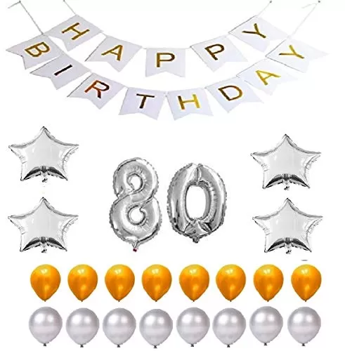 Products Happy Brthday 80th Year Party Balloons Decorations Set(No 80 Silver Foil Balloon+50 Gold & Silver Latex Balloon+1 White Happy Brthday Banner+ 4 Silver Star Foil Balloons)