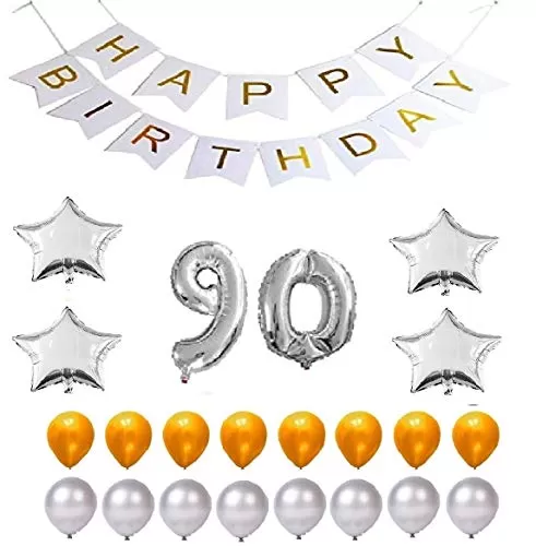 Products Happy Brthday 90th Year Party Balloons Decorations Set(No 90 Silver Foil Balloon+50 Gold & Silver Latex Balloon+1 White Happy Brthday Banner+ 4 Silver Star Foil Balloons)