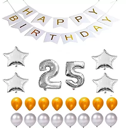 Products Happy Brthday 25th Year Party Balloons Decorations Set(No 25 Silver Foil Balloon+50 Gold & Silver Latex Balloon+1 White Happy Brthday Banner+ 4 Silver Star Foil Balloons)