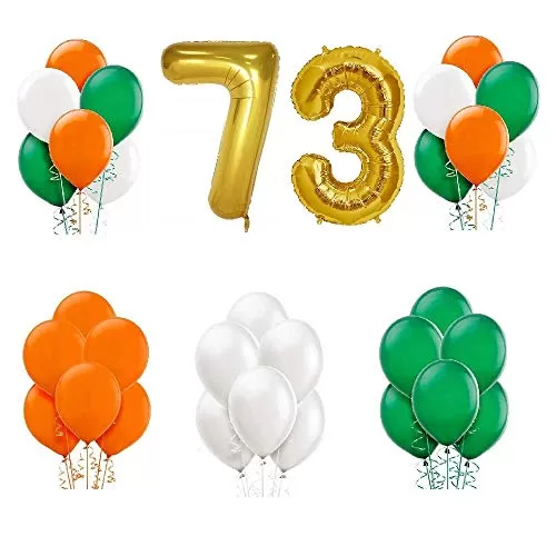 Products Balloon for Republic Day 73 Number Gold foil Balloon & Metallic Tricolor Balloon Republic Day Decoration ( Combo of Gold 73 & 100pcs OrangeWhite & Green Metallic Balloon)