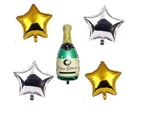 Products Champagne Bottle Super Shape Mylar Foil Balloon with Star Balloons Golden and Silver Pack of 5 Pcs