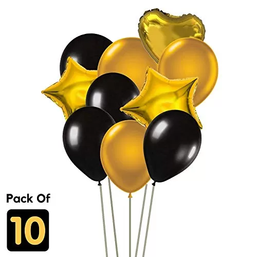 Products Balloons Bouquet for Brthday/Anniversary/Bachelorette Party Decoration (2 Star & 1 hert Foil Balloons + 4 Pcs Black and 3 Pcs Golden Balloons) - Pack of 10