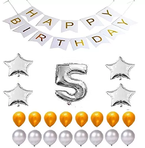 Products Happy Brthday 5th Year Party Balloons Decorations Set(No 5 Silver Foil Balloon+50 Gold & Silver Latex Balloon+1 White Happy Brthday Banner+ 4 Silver Star Foil Balloons)