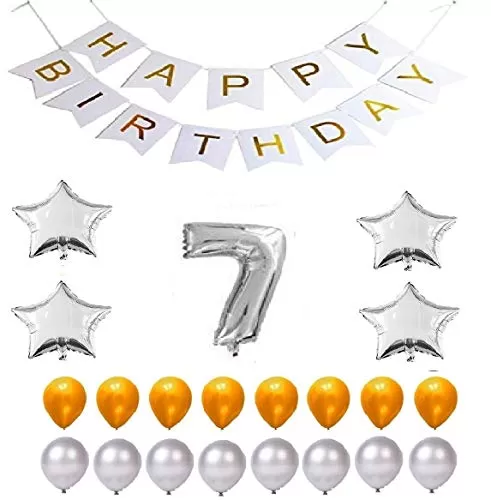 Products Happy Brthday 7th Year Party Balloons Decorations Set(No 7 Silver Foil Balloon+50 Gold & Silver Latex Balloon+1 White Happy Brthday Banner+ 4 Silver Star Foil Balloons)