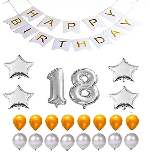 Products Happy Brthday 18th Year Party Balloons Decorations Set(No 18 Silver Foil Balloon+50 Gold & Silver Latex Balloon+1 White Happy Brthday Banner+ 4 Silver Star Foil Balloons)