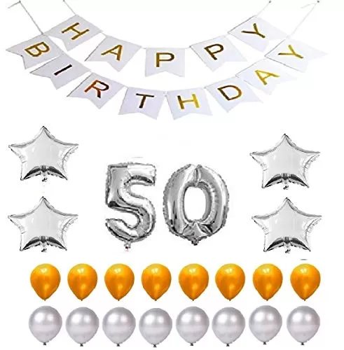 Products Happy Brthday 50th Year Party Balloons Decorations Set(No 50 Silver Foil Balloon+50 Gold & Silver Latex Balloon+1 White Happy Brthday Banner+ 4 Silver Star Foil Balloons)