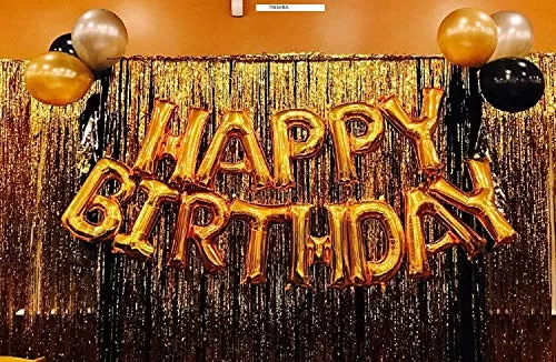 Products Happy Brthday Foil Balloon (Golden) + 2 Pieces Golden Fringe Curtain (3 * 6 Feet) + Pack of 60 Pieces Metallic Balloons (Golden Silver Black)