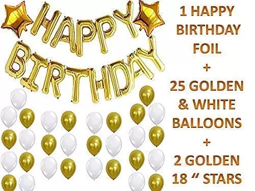 Products Happy Brthday Letters Foil Balloon (13 Alphabet Balloons) + 25 Golden & White Metallic Balloons + 2 Golden Stars (Size 18') Brthday Combo for Decoration (40 PCS Combo)