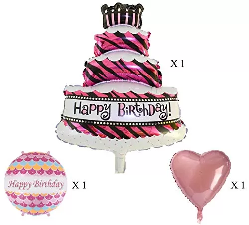 Happy Brthday Foil Balloon for Brthday Party Supplies (Pack of 5) - Pink Cake Pink hert & Pink Round Balloon, 5 image