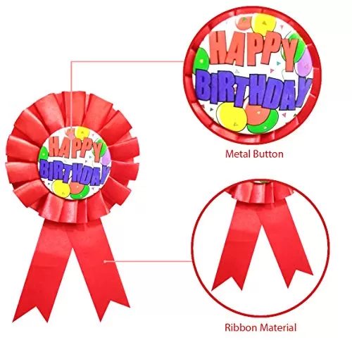 Happy Brthday Ribbon Badge Balloon Design for Party Favor Brthday - Red with Pin (Pack of 1), 3 image