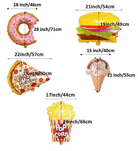 Large Food Foil Balloons (Set of 5) 21 inch - Pizza Burger Ice-Cream Popcorn Donut Party Balloons for Any Office Home Party Decoration Accessory, 2 image