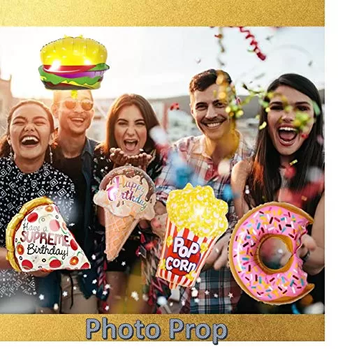 Large Food Foil Balloons (Set of 5) 21 inch - Pizza Burger Ice-Cream Popcorn Donut Party Balloons for Any Office Home Party Decoration Accessory, 4 image