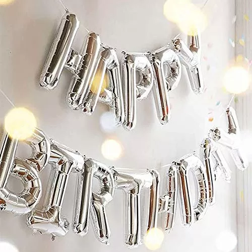 Products Happy Brthday Letter Foil Balloon Set of 13 Letters (Silver) + HD Metallic Finish Balloons (Golden Silver) Pack of 50, 5 image