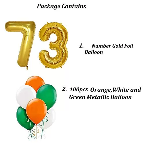 Products Balloon for Republic Day 73 Number Gold foil Balloon & Metallic Tricolor Balloon Republic Day Decoration ( Combo of Gold 73 & 100pcs OrangeWhite & Green Metallic Balloon), 2 image