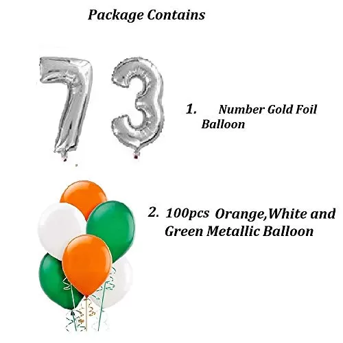 Products Balloon for Republic Day 73 Number Silver foil Balloon & Metallic Tricolor Balloon Republic Day Decoration ( Combo of Gold 73 & 100pcs OrangeWhite & Green Metallic Balloon), 2 image