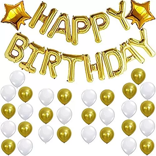 Products Happy Brthday Letters Foil Balloon (13 Alphabet Balloons) + 25 Golden & White Metallic Balloons + 2 Golden Stars (Size 18') Brthday Combo for Decoration (40 PCS Combo), 5 image
