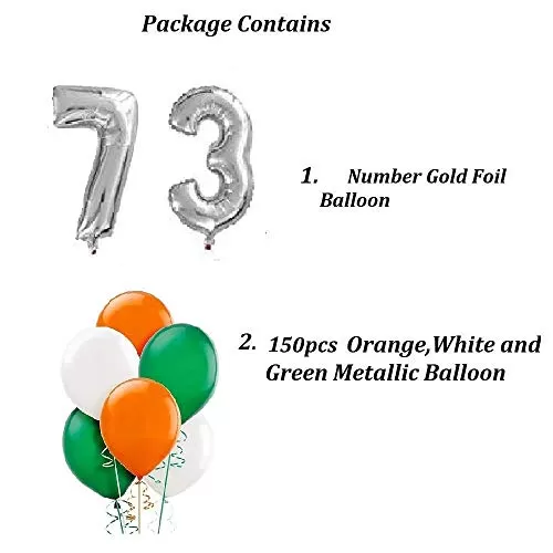 Products Balloon for Republic Day 73 Number Silver foil Balloon & Metallic Tricolor Balloon Republic Day Decoration ( Combo of Gold 73 & 150pcs OrangeWhite & Green Metallic Balloon), 2 image