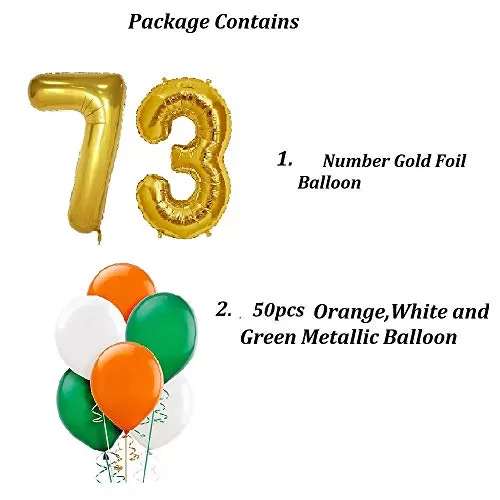 Products Balloon for Republic Day 73 Number Gold foil Balloon & Metallic Tricolor Balloon Republic Day Decoration ( Combo of Gold 73 & 50pcs OrangeWhite & Green Metallic Balloon), 2 image