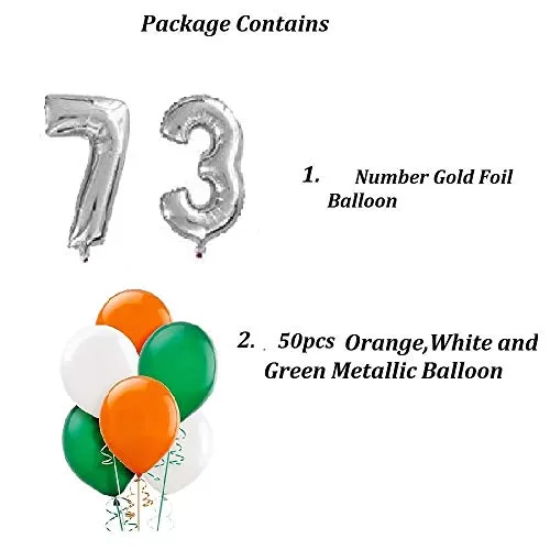 Products Balloon for Republic Day 73 Number Silver foil Balloon & Metallic Tricolor Balloon Republic Day Decoration ( Combo of Gold 73 & 50pcs OrangeWhite & Green Metallic Balloon), 2 image