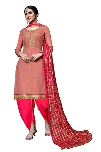 DnVeens Women's Cotton Embroidered Dress Material With Fancy Dupatta MDSULTANA7310 Peach & Red Unstitched)