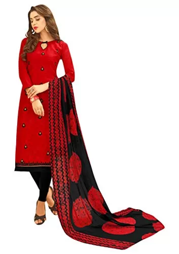 DnVeens Woman Cotton Jacquard Casual Embroidery Unstitched Dress Material (DIVYANSHI50001 Red Free Size)