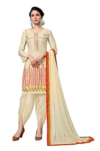 DnVeens Women's Beige Cotton Embroidered Fancy Salwar Suit Dress Material (MDLAADO7206 Free Size)