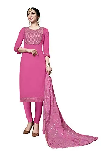DnVeens Women's Cotton Embroidered Dress Material With Fancy Dupatta MDSULTANA7309 Pink Unstitched)