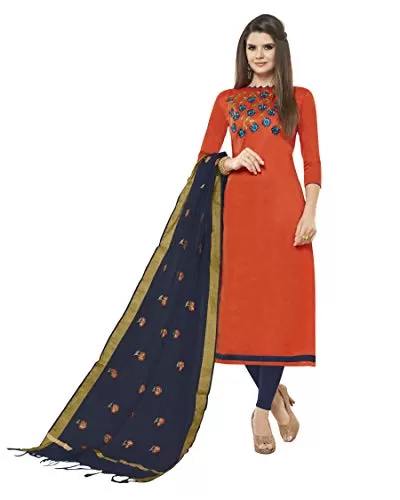 DnVeens Woman Cotton Slub Heavy Dupatta Salwar Suit Dress Material (BLOSSOM7011 Orange Blue Unstitched)