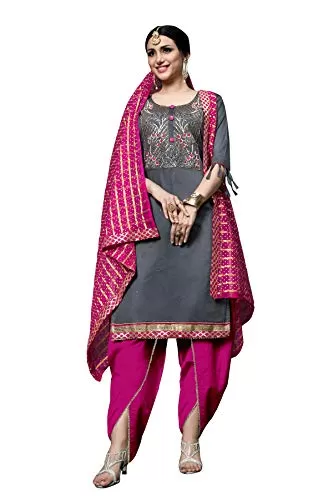 DnVeens Women's Cotton Embroidered Dress Material With Fancy Dupatta MDSULTANA7303 Grey Unstitched)