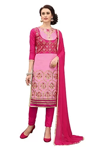 DnVeens Women's Pink Pure Cotton Embroidered Work UnStitched Salwar Suit Material (MDKHWAAB7001 Free Size)