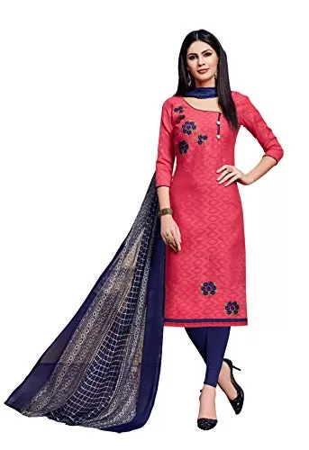 DnVeens Women's Cotton Jacquard Casual Embroidery Unstitched Dress Material (Red and Blue; Free Size)