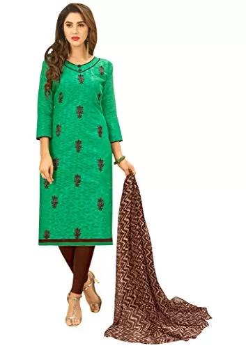 DnVeens Woman Cotton Jacquard Casual Embroidery Unstitched Dress Material (DIVYANSHI50002 Green Free Size)