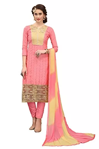 DnVeens Women's Peach Pure Cotton Embroidered Work UnStitched Salwar Suit Material (MDKHWAAB7011 Free Size)